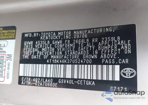 2007 Toyota Camry Le/Xle/Se из США, поврежденный, VIN 4T1BK46K37U524700